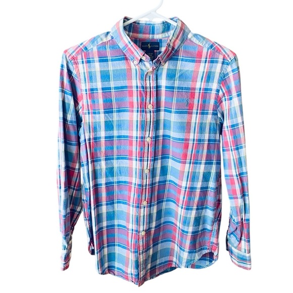 Ralph Lauren boys long sleeve button down plaid shirt L 14-16 blue pink spring - Picture 1 of 8